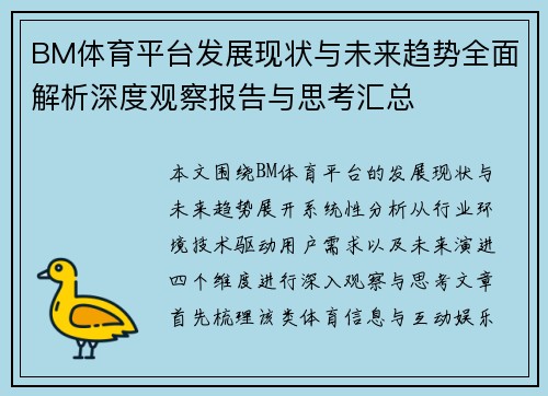 BM体育平台发展现状与未来趋势全面解析深度观察报告与思考汇总 BM体育平台发展现状与未来趋势全面解析深度观察报告与思考汇总